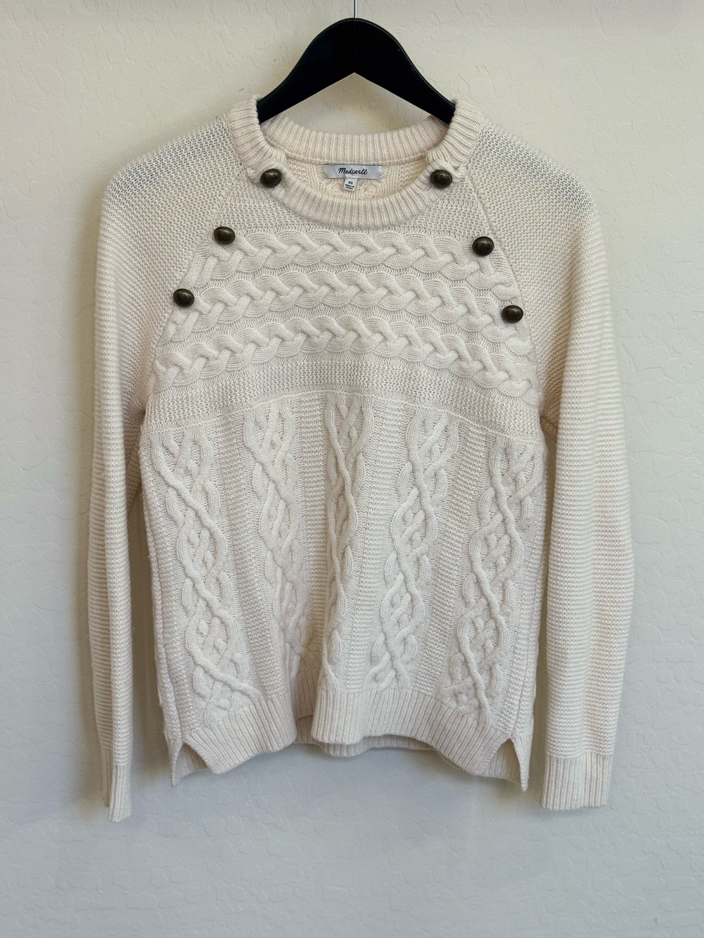 Madewell Button-Detail Cableknit Pullover Sweater Merino Wool Blend Cream XS